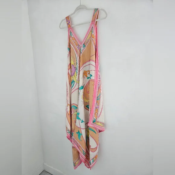 BRIJO Vintage Pastel Rolled Jacquard Silk Hankerchief V Tank Maxi Dress - Picture 8 of 16